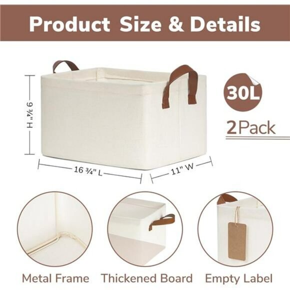 Set of 2 Large Beige Storage Bins with Handles for Closet Shelves Organizer - Picture 3 of 7